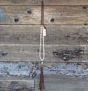 J. Forks - Freshwater Pearl, Turquoise, & Leather Tassel Necklace