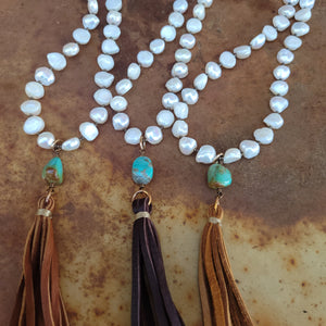 J. Forks - Freshwater Pearl, Turquoise, & Leather Tassel Necklace