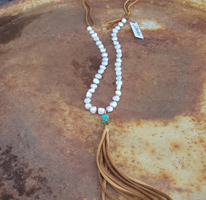 J. Forks - Freshwater Pearl, Turquoise, & Leather Tassel Necklace