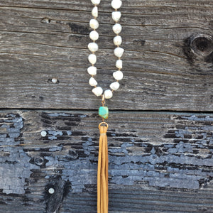 J. Forks - Freshwater Pearl, Turquoise, & Leather Tassel Necklace
