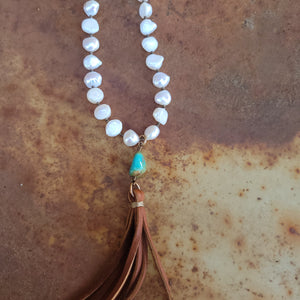 J. Forks - Freshwater Pearl, Turquoise, & Leather Tassel Necklace