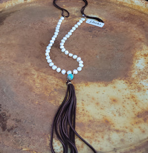 J. Forks - Freshwater Pearl, Turquoise, & Leather Tassel Necklace