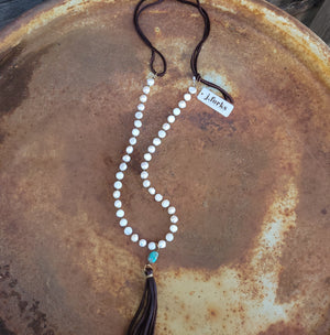 J. Forks - Freshwater Pearl, Turquoise, & Leather Tassel Necklace