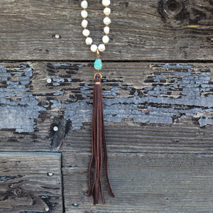 J. Forks - Freshwater Pearl, Turquoise, & Leather Tassel Necklace