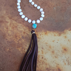 J. Forks - Freshwater Pearl, Turquoise, & Leather Tassel Necklace