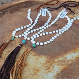 J. Forks - Freshwater Pearl, Turquoise, & Leather Tassel Necklace