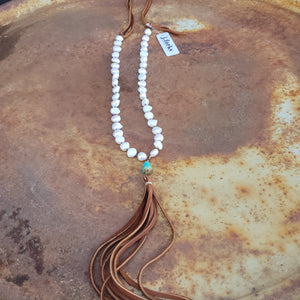 J. Forks - Freshwater Pearl, Turquoise, & Leather Tassel Necklace