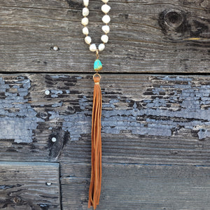 J. Forks - Freshwater Pearl, Turquoise, & Leather Tassel Necklace