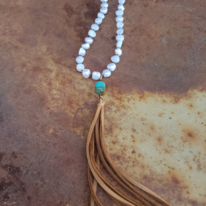 J. Forks - Freshwater Pearl, Turquoise, & Leather Tassel Necklace