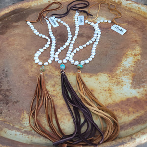 J. Forks - Freshwater Pearl, Turquoise, & Leather Tassel Necklace