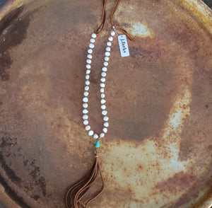 J. Forks - Freshwater Pearl, Turquoise, & Leather Tassel Necklace