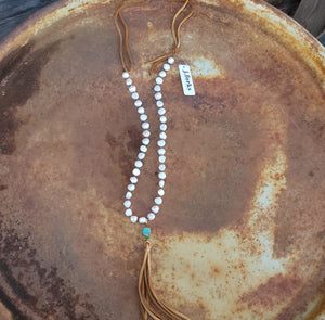 J. Forks - Freshwater Pearl, Turquoise, & Leather Tassel Necklace