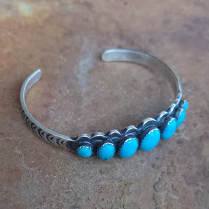 Turquiose Cuff Bracelt with 7 Stones and Stamped Sides