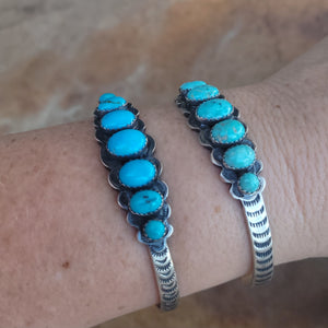 Turquiose Cuff Bracelt with 7 Stones and Stamped Sides