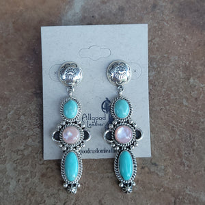 Turquoise and Pink Mussel Shell Dangle Earrings