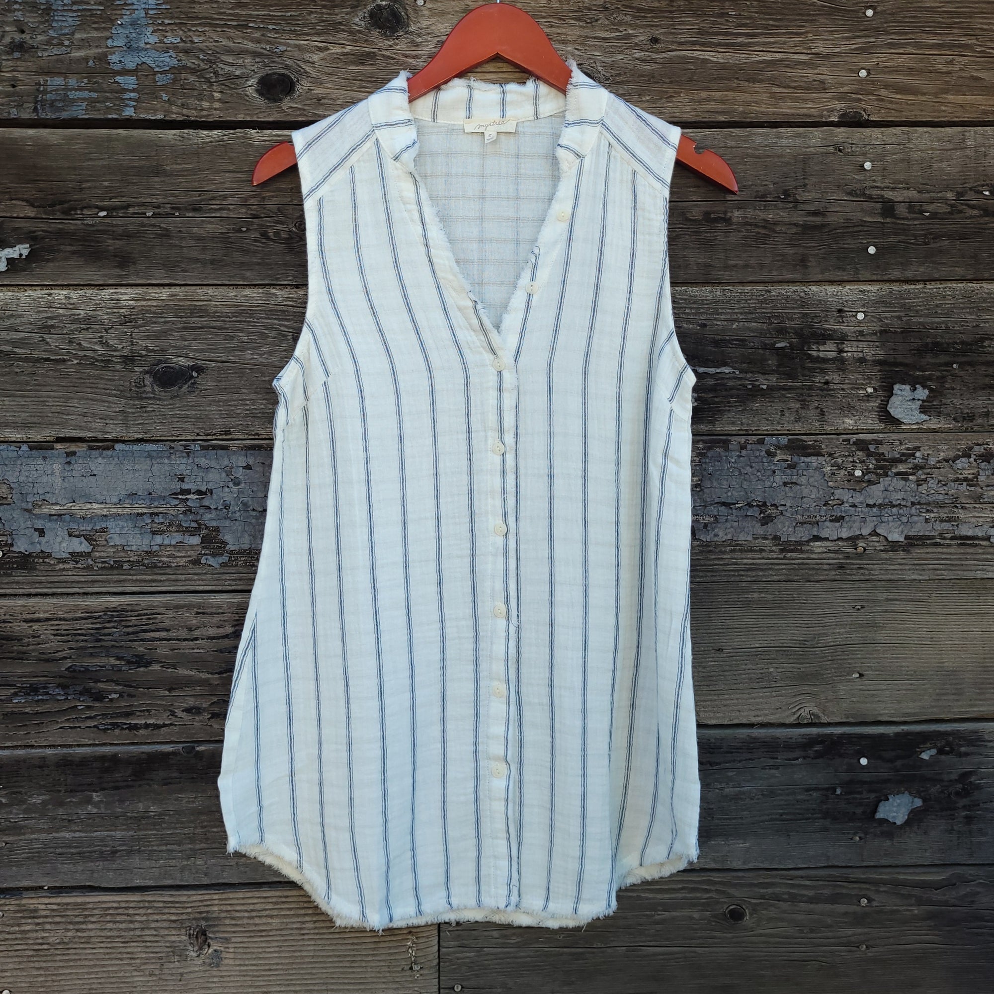 Mystree - Striped Sleeveless Button-up Tunic with Frayed Edges