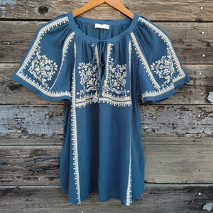 Lovestitch - Teal Embroidered Short Sleeve Blouse