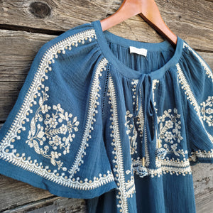 Lovestitch - Teal Embroidered Short Sleeve Blouse