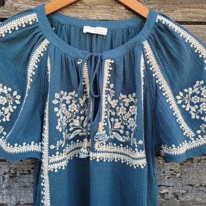 Lovestitch - Teal Embroidered Short Sleeve Blouse