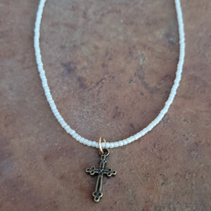 J. Forks - Pearl Seed Bead Necklace with Bronze Cross