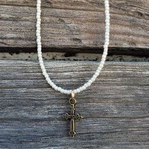 J. Forks - Pearl Seed Bead Necklace with Bronze Cross