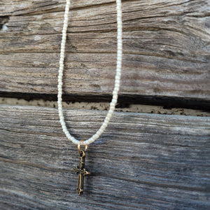 J. Forks - Pearl Seed Bead Necklace with Bronze Cross