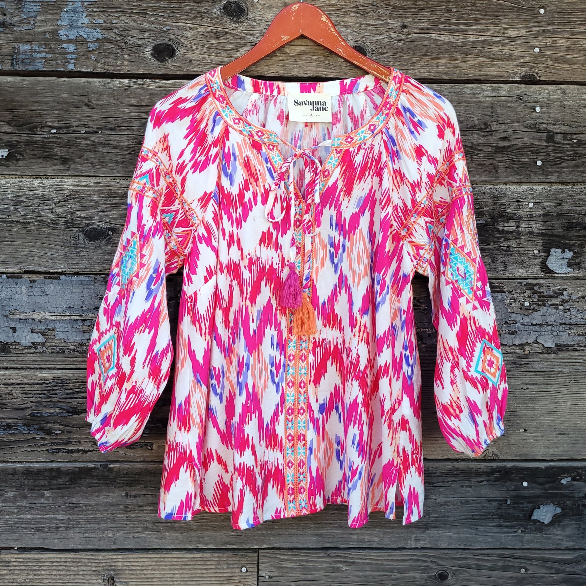 Savanna Jane - Pink Southwestern Print 3/4 Sleeve Blouse with Embroidery