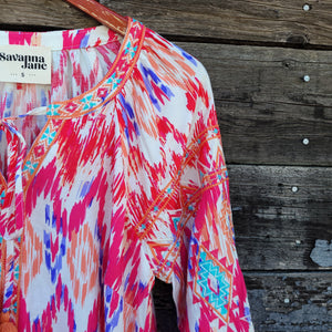 Savanna Jane - Pink Southwestern Print 3/4 Sleeve Blouse with Embroidery
