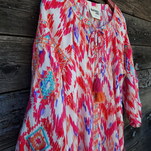 Savanna Jane - Pink Southwestern Print 3/4 Sleeve Blouse with Embroidery