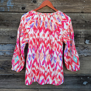 Savanna Jane - Pink Southwestern Print 3/4 Sleeve Blouse with Embroidery