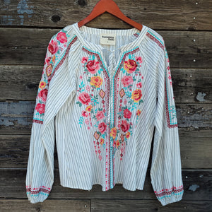 Savanna Jane - Striped and Floral Embroidered Long Sleeved Blouse