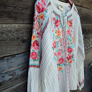 Savanna Jane - Striped and Floral Embroidered Long Sleeved Blouse