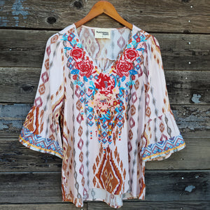 Savanna Jane - Mocha Southwestern Bell Sleeve Blouse with Embroidery