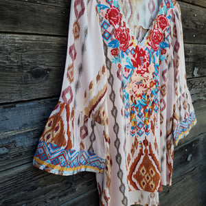Savanna Jane - Mocha Southwestern Bell Sleeve Blouse with Embroidery