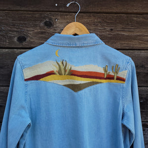 Cotton and Rye - Chambray Western Blouse with Embroidered Desert Scene