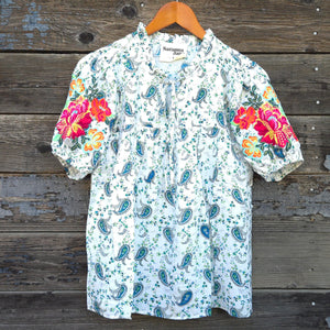 Savanna Jane - Blue and White Short Sleeve Blouse with Embroidery