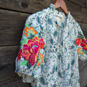 Savanna Jane - Blue and White Short Sleeve Blouse with Embroidery