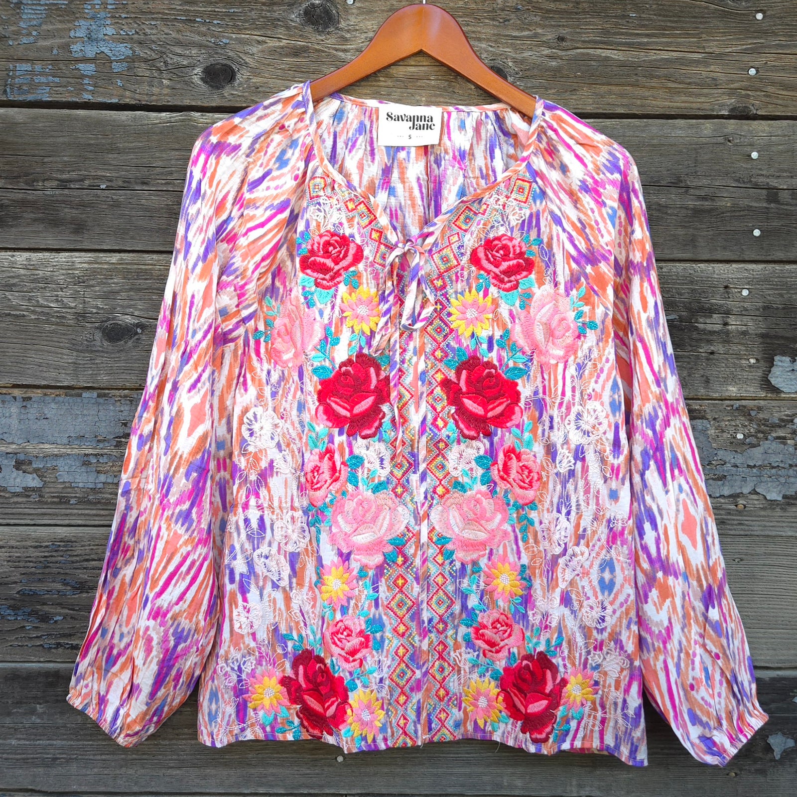 Savanna Jane - Pink Long Sleeved Floral Embroidered Blouse