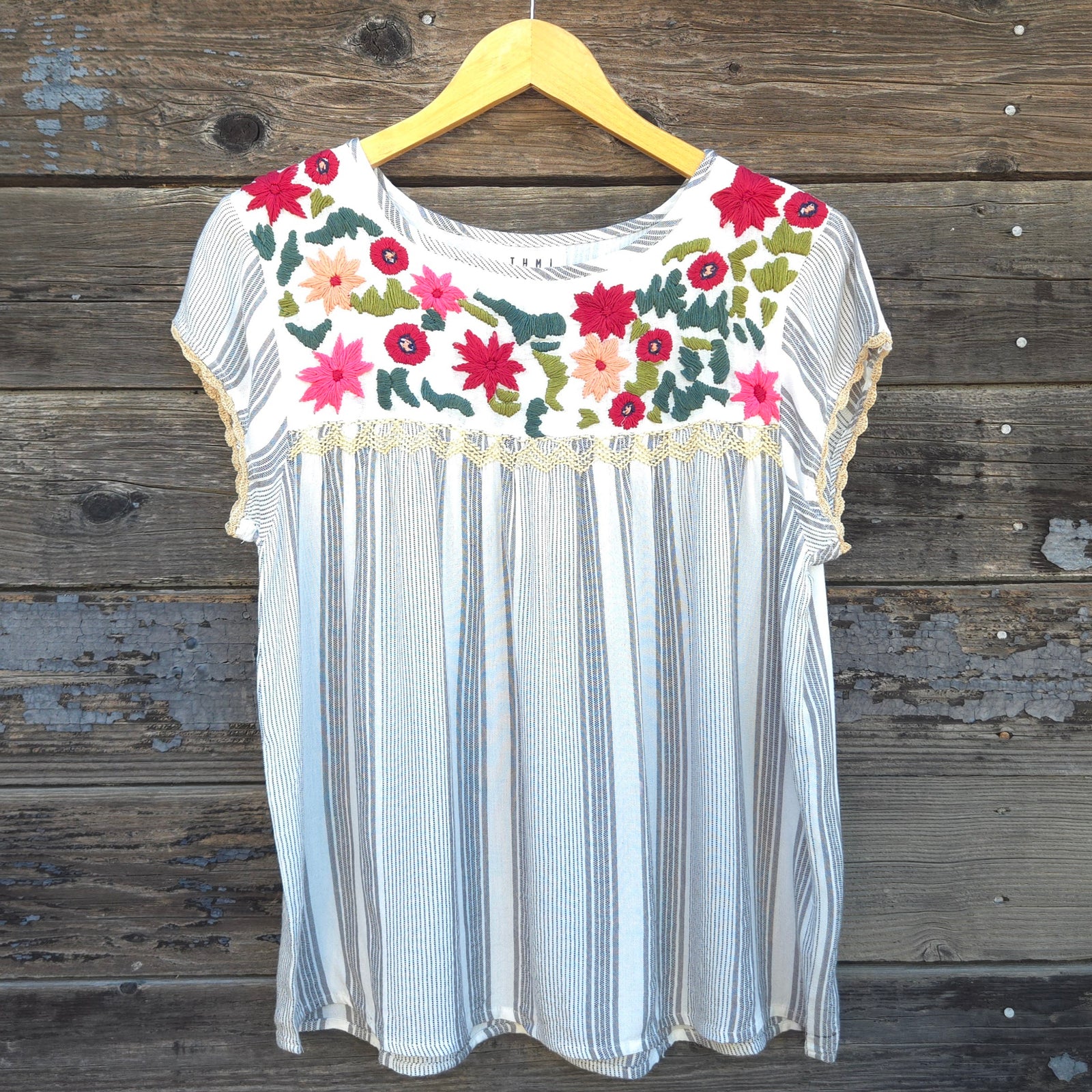 THML - Floral Embroidered Striped Short Sleeved Blouse