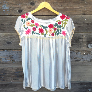 THML - Floral Embroidered Striped Short Sleeved Blouse