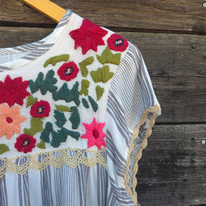 THML - Floral Embroidered Striped Short Sleeved Blouse