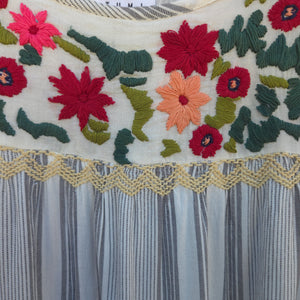 THML - Floral Embroidered Striped Short Sleeved Blouse