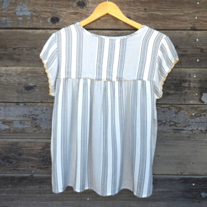 THML - Floral Embroidered Striped Short Sleeved Blouse