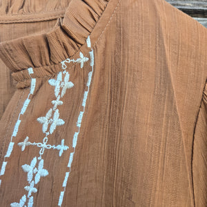 Oddi - Crinkle Gauze and Embroidered Blouse - Brown