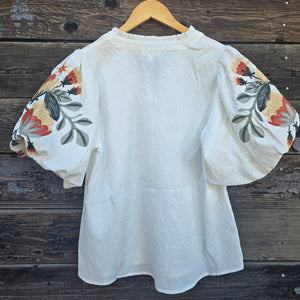 Oddi - Embroidered Puff Sleeve Blouse - White
