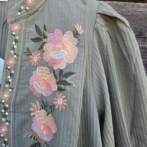 Oddi - Textured Striped Floral Embroidered Blouse - Olive Green