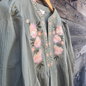 Oddi - Textured Striped Floral Embroidered Blouse - Olive Green
