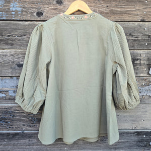 Oddi - Textured Striped Floral Embroidered Blouse - Olive Green