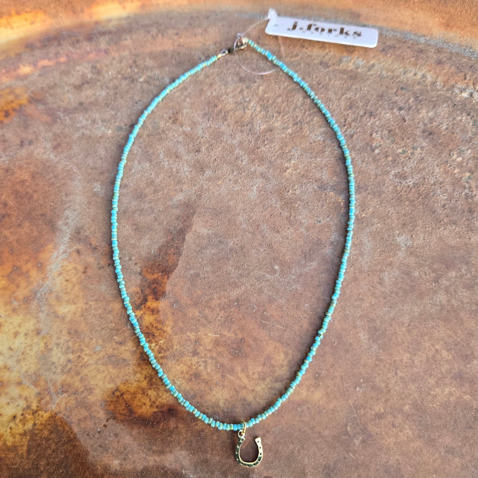 J. Forks Turquoise Seed Bead Necklace with Horseshoe Charm