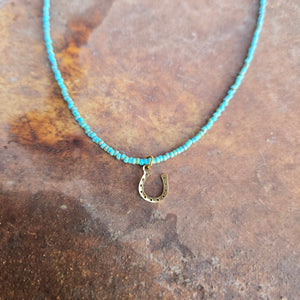 J. Forks Turquoise Seed Bead Necklace with Horseshoe Charm